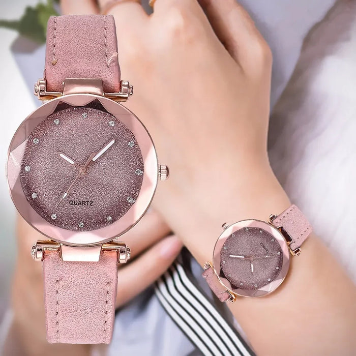 Round Rhinestone Silver Pink Watch For Women