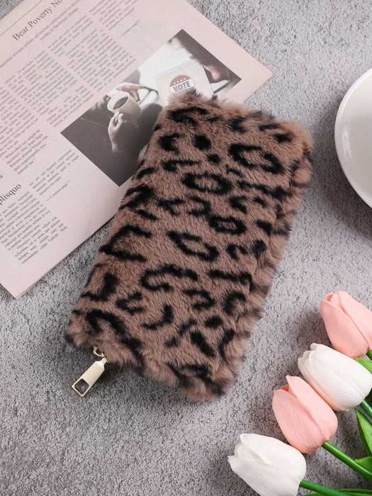 Wholesale Women Fashion Creative Plush Leopard Zipper Long Purses