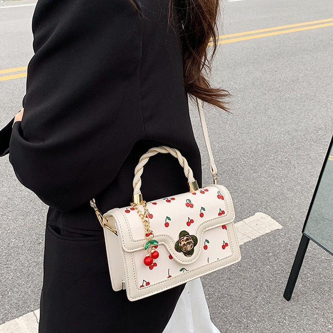 Women Fashion Cute Cherry Printed Square Stitching Contrast Color Shoulder Bag