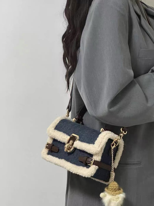 Patchwork Denim Lamb Wool Messenger Bag