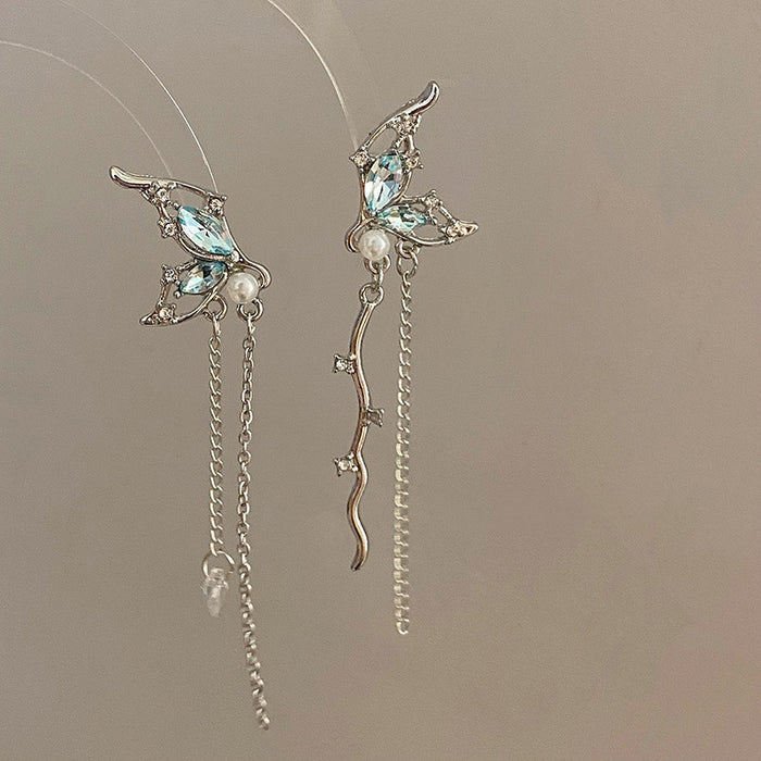 Korean Asymmetric Butterfly Tassel Earrings