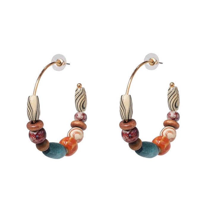 Alloy round wood beaded European and American earrings