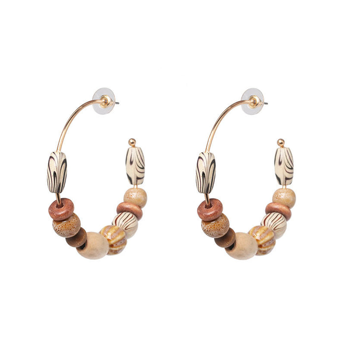 Alloy round wood beaded European and American earrings