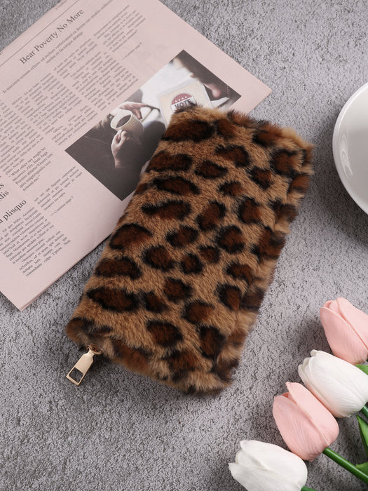 Wholesale Women Fashion Creative Plush Leopard Zipper Long Purses