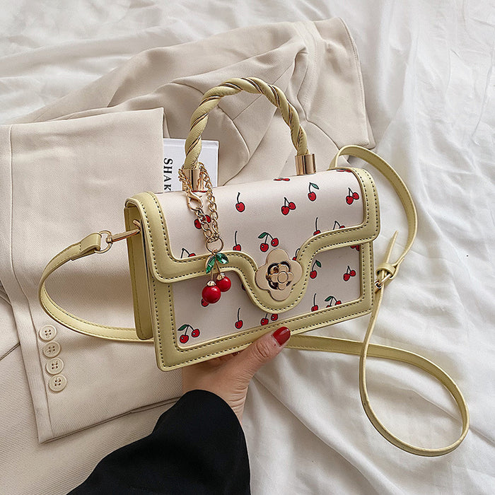 Women Fashion Cute Cherry Printed Square Stitching Contrast Color Shoulder Bag