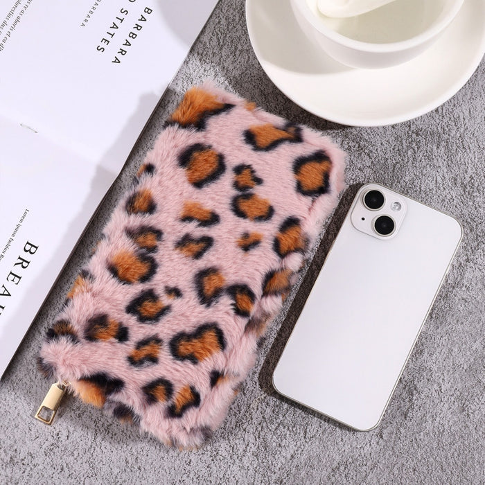 Wholesale Women Fashion Creative Plush Leopard Zipper Long Purses