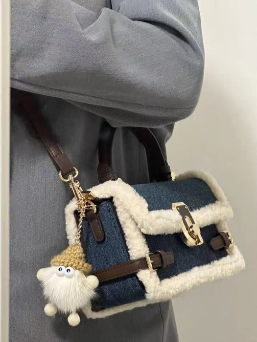 Patchwork Denim Lamb Wool Messenger Bag