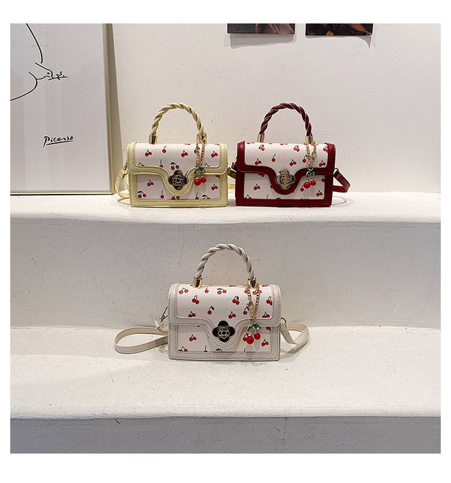 Women Fashion Cute Cherry Printed Square Stitching Contrast Color Shoulder Bag