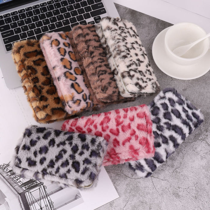 Wholesale Women Fashion Creative Plush Leopard Zipper Long Purses