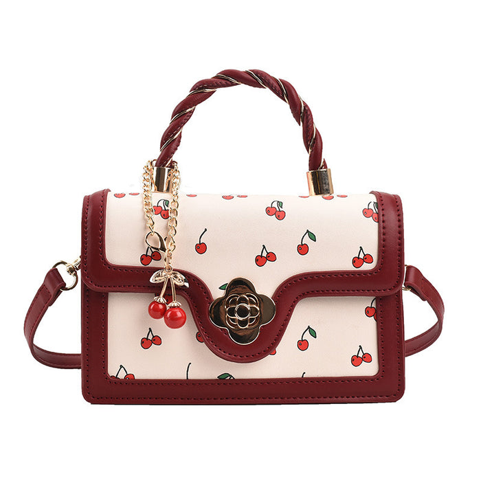 Women Fashion Cute Cherry Printed Square Stitching Contrast Color Shoulder Bag