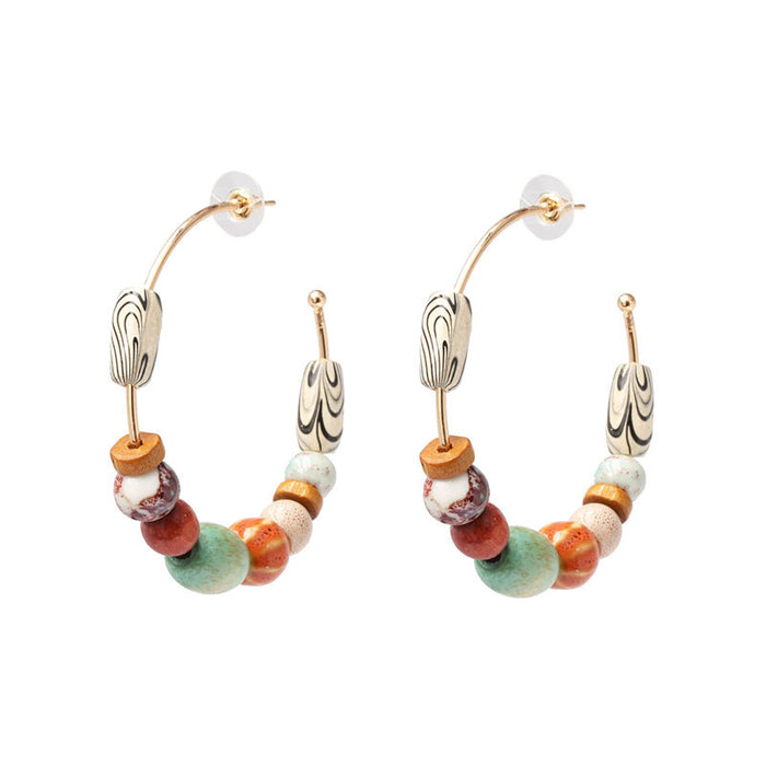 Alloy round wood beaded European and American earrings