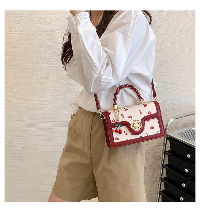 Women Fashion Cute Cherry Printed Square Stitching Contrast Color Shoulder Bag