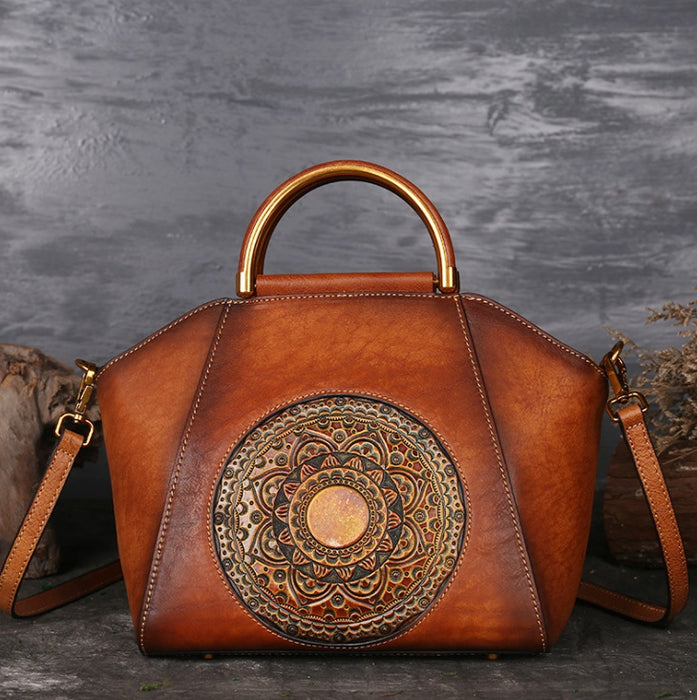 Genuine Embossed Leather Messenger Top Handle Bag Retro Handbag Totem Pattern High Quality Natural Skin Women Shoulder Tote Bags