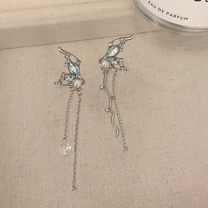 Korean Asymmetric Butterfly Tassel Earrings