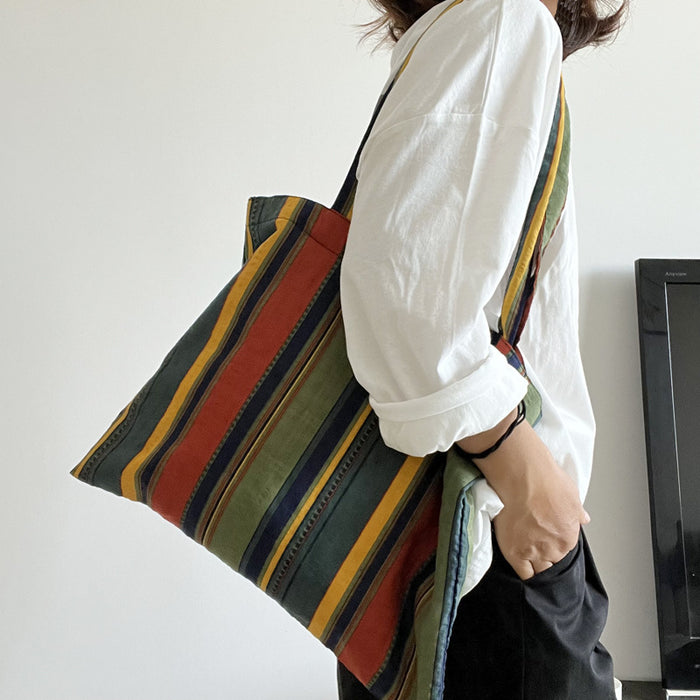 Vintage Contrast Rainbow Stripe Canvas Tote Bag