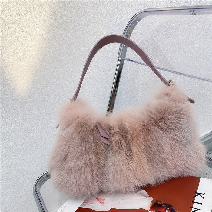 Fox Fur Stitching Women's Handbag Temperament Novel Zipper Design