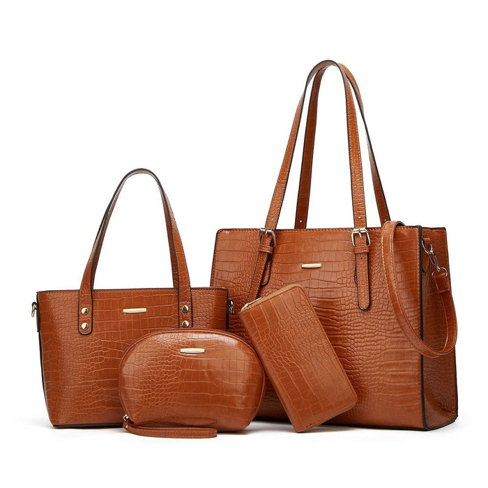 Wholesale Women Casual Retro Solid Color Stone Pattern Handbag 4-Piece Set