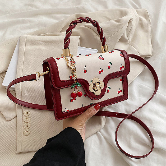 Women Fashion Cute Cherry Printed Square Stitching Contrast Color Shoulder Bag