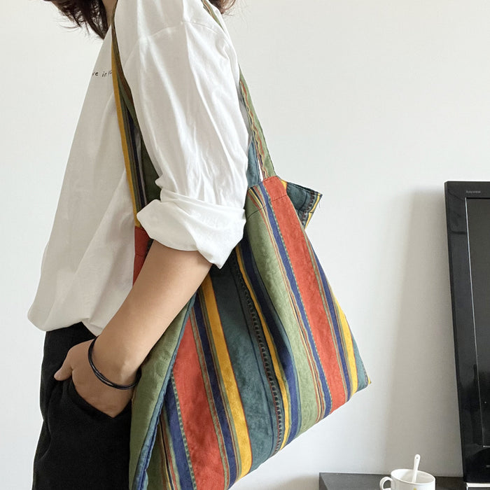 Vintage Contrast Rainbow Stripe Canvas Tote Bag