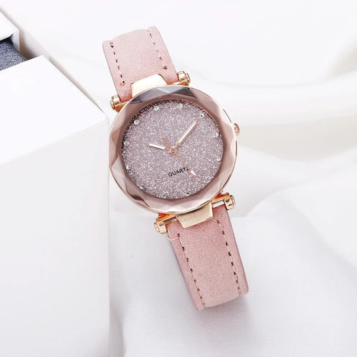 Round Face Rhinestone Star Sky Silver Pink Women for Watch Leisure