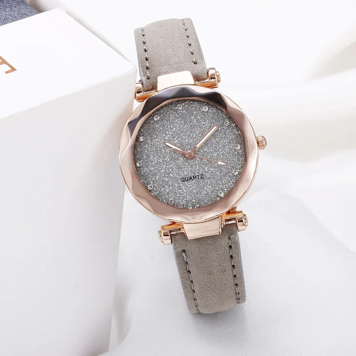 Round Face Rhinestone Star Sky Silver Pink Women for Watch Leisure