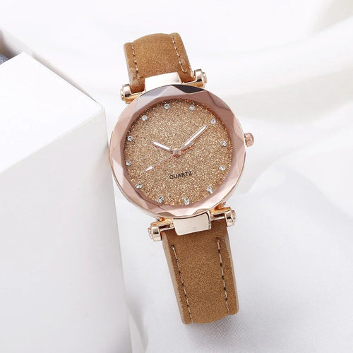 Round Face Rhinestone Star Sky Silver Pink Women for Watch Leisure