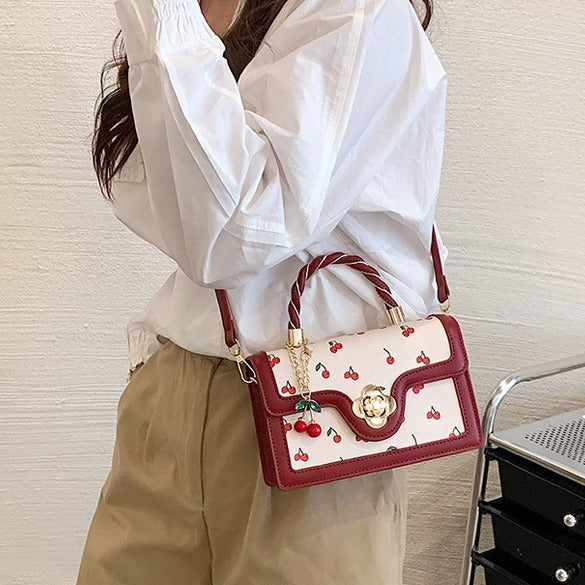 Women Fashion Cute Cherry Printed Square Stitching Contrast Color Shoulder Bag