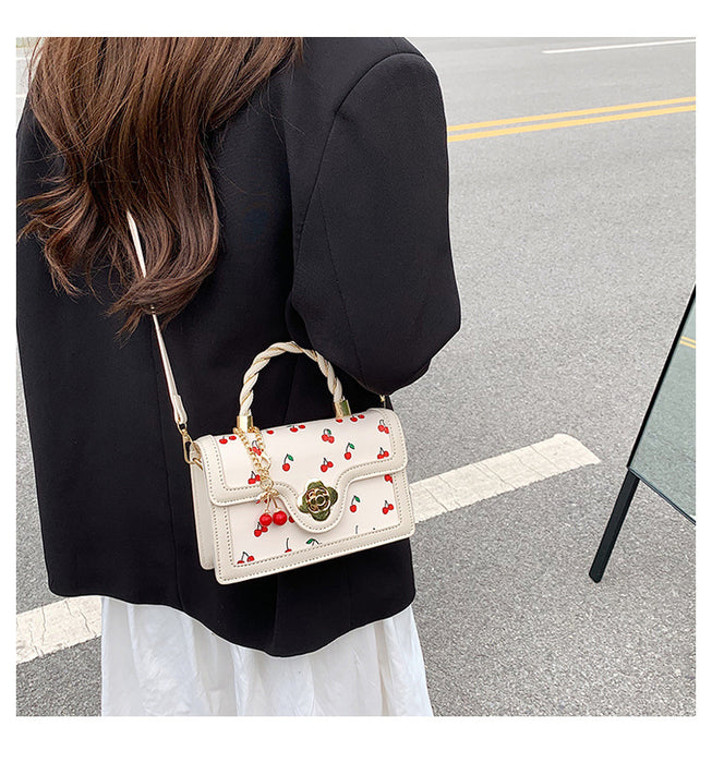 Women Fashion Cute Cherry Printed Square Stitching Contrast Color Shoulder Bag