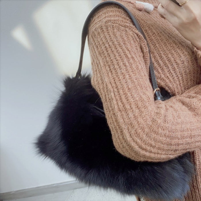 Fox Fur Stitching Women's Handbag Temperament Novel Zipper Design