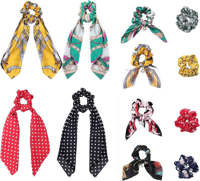 12Pcs Silk Satin Hair Scrunchies Hair Scarf with Bow