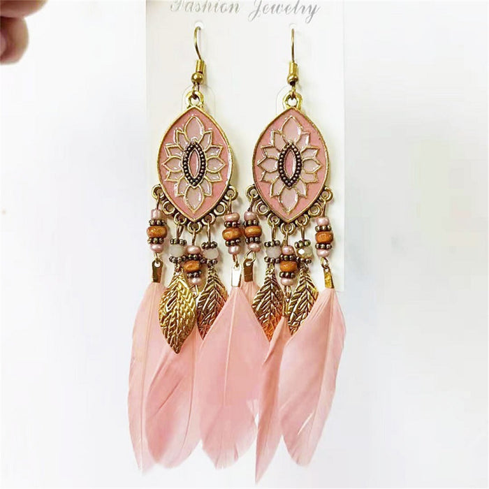 Women Faux Feather Earrings Bohemian Fringe Tassel Long Drop Dangle Earrings Set with Dream Catcher Design