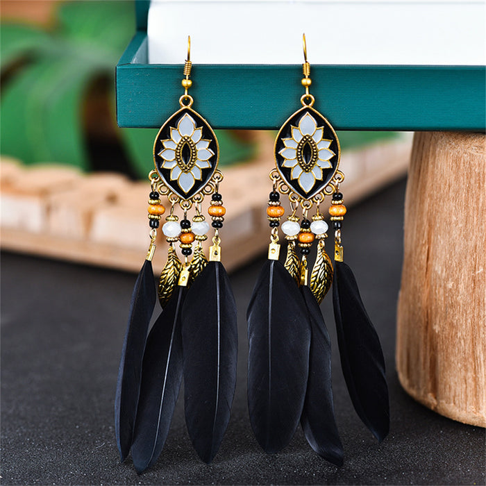 Women Faux Feather Earrings Bohemian Fringe Tassel Long Drop Dangle Earrings Set with Dream Catcher Design