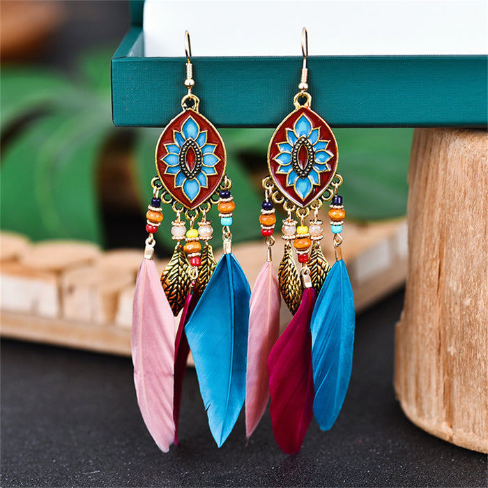 Women Faux Feather Earrings Bohemian Fringe Tassel Long Drop Dangle Earrings Set with Dream Catcher Design