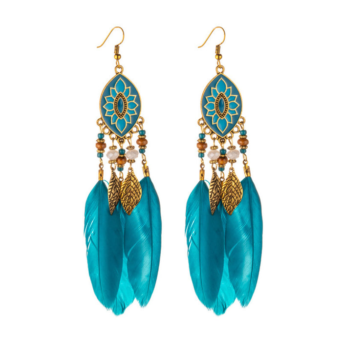 Women Faux Feather Earrings Bohemian Fringe Tassel Long Drop Dangle Earrings Set with Dream Catcher Design