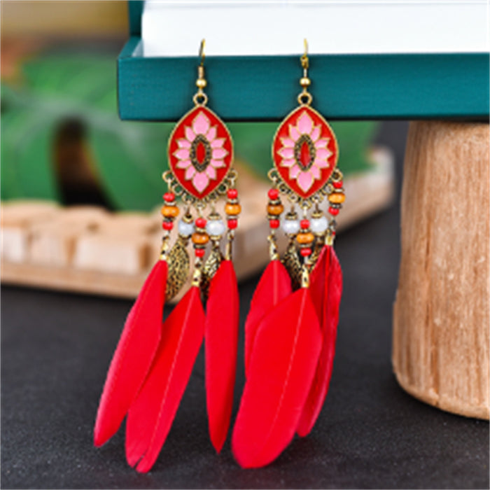 Women Faux Feather Earrings Bohemian Fringe Tassel Long Drop Dangle Earrings Set with Dream Catcher Design