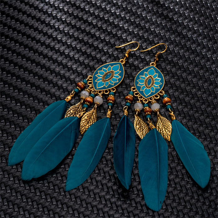 Women Faux Feather Earrings Bohemian Fringe Tassel Long Drop Dangle Earrings Set with Dream Catcher Design