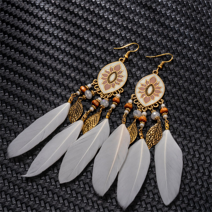 Women Faux Feather Earrings Bohemian Fringe Tassel Long Drop Dangle Earrings Set with Dream Catcher Design