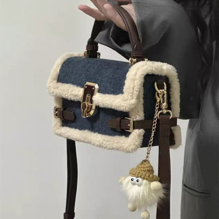 Patchwork Denim Lamb Wool Messenger Bag