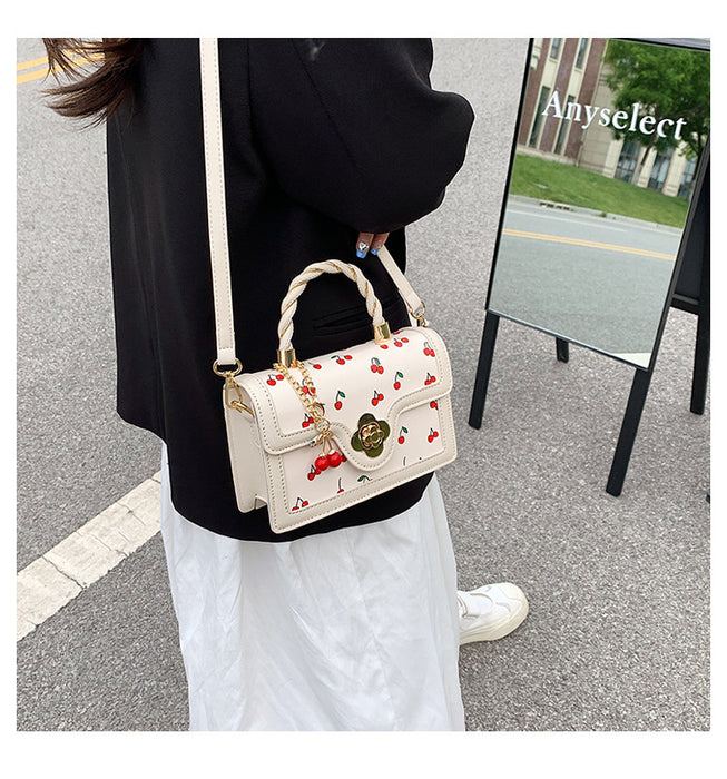 Women Fashion Cute Cherry Printed Square Stitching Contrast Color Shoulder Bag