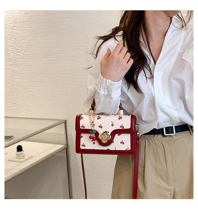 Women Fashion Cute Cherry Printed Square Stitching Contrast Color Shoulder Bag