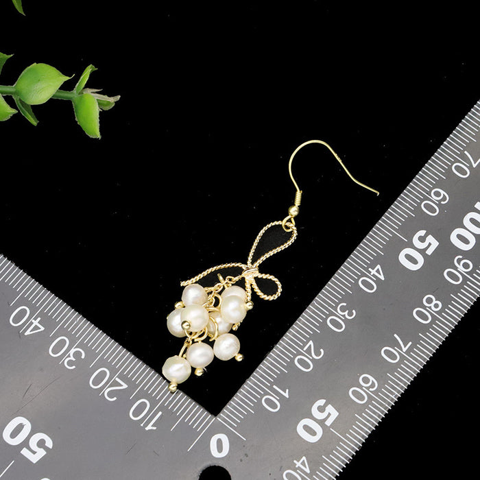 Natural Freshwater Pearl Bow Earrings Woven Ins Style High Sense Ear Hook Ethnic Style Handmade Ornament