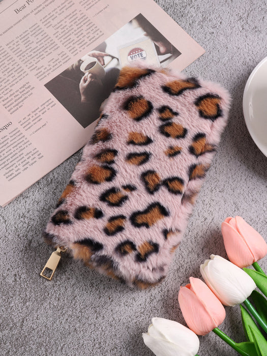 Wholesale Women Fashion Creative Plush Leopard Zipper Long Purses