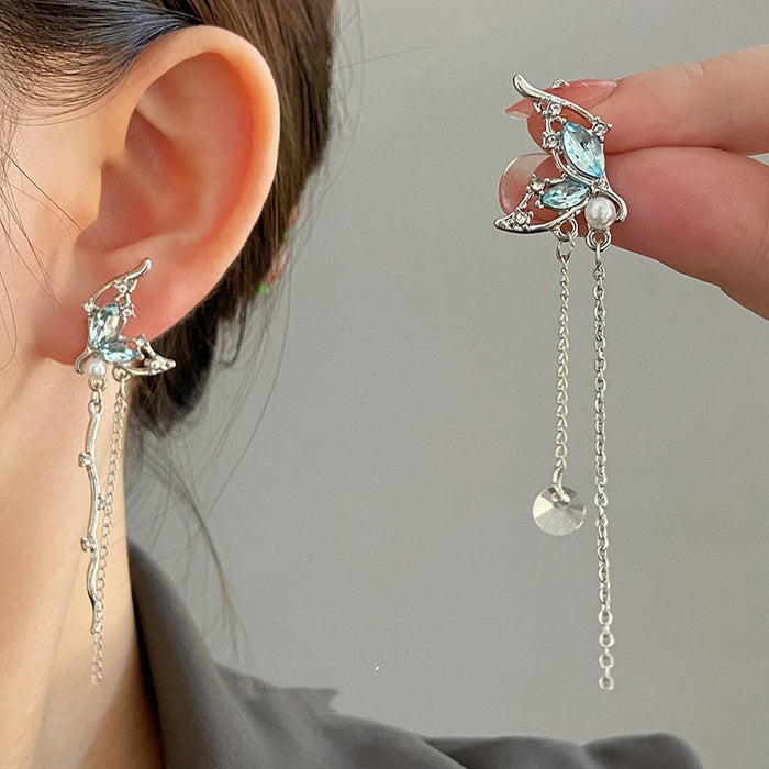 Korean Asymmetric Butterfly Tassel Earrings