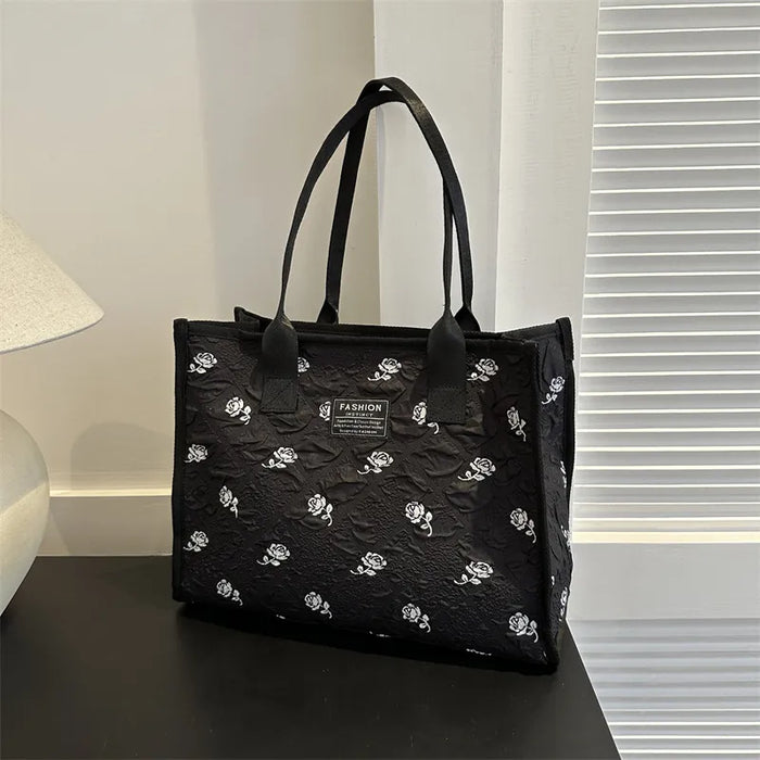 Women Casual Rose Embroidered Canvas Large Capacity Tote Bag.  Wholesale too.