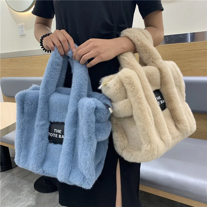 Wholesale Women Fashion Solid Color Square Plush Large Capacity Tote Bag