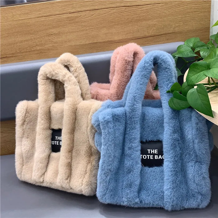 Wholesale Women Fashion Solid Color Square Plush Large Capacity Tote Bag